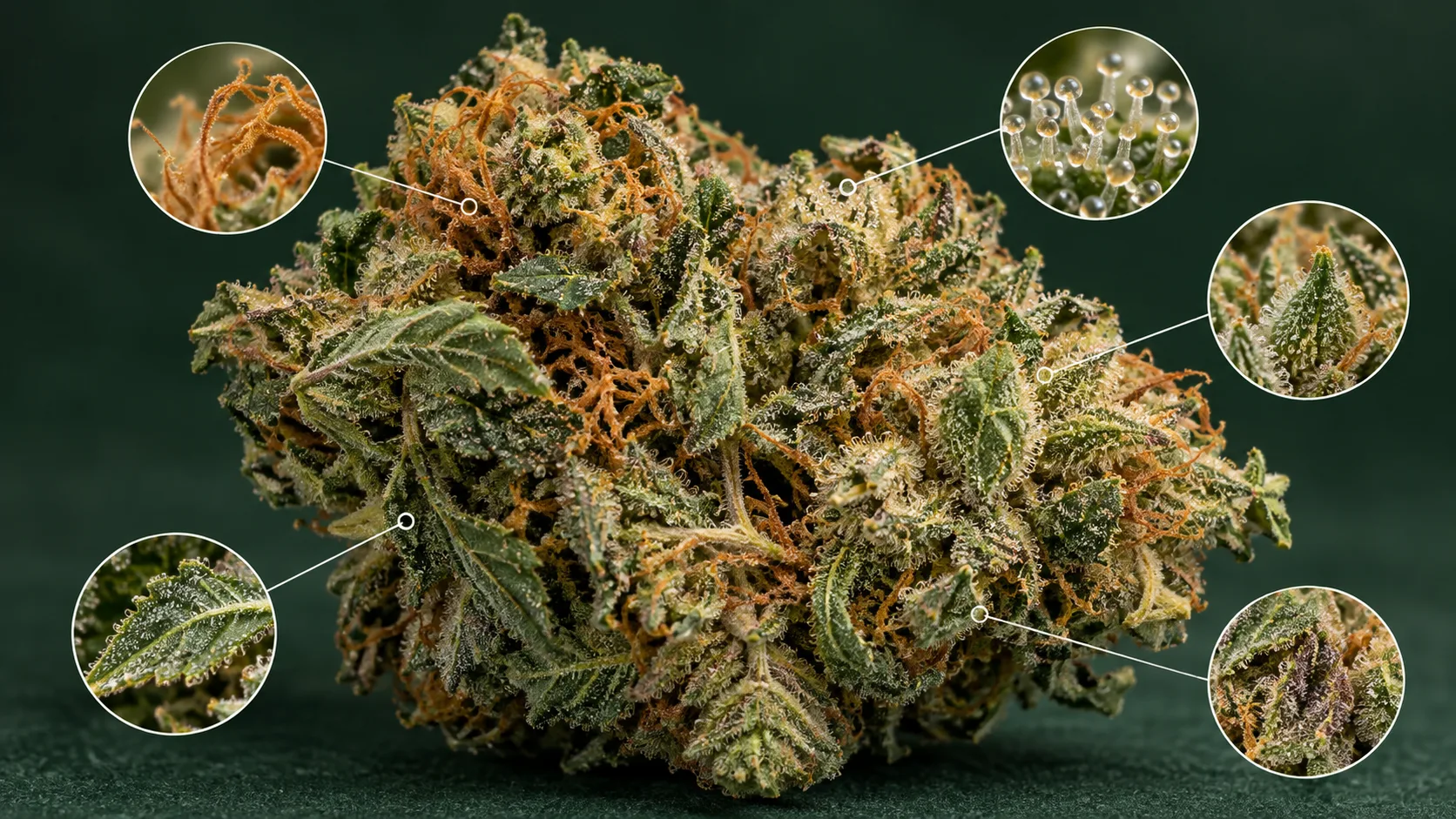 Dry cannabis bud with magnified visual clues for pistils, trichomes, leaves, and flower structure