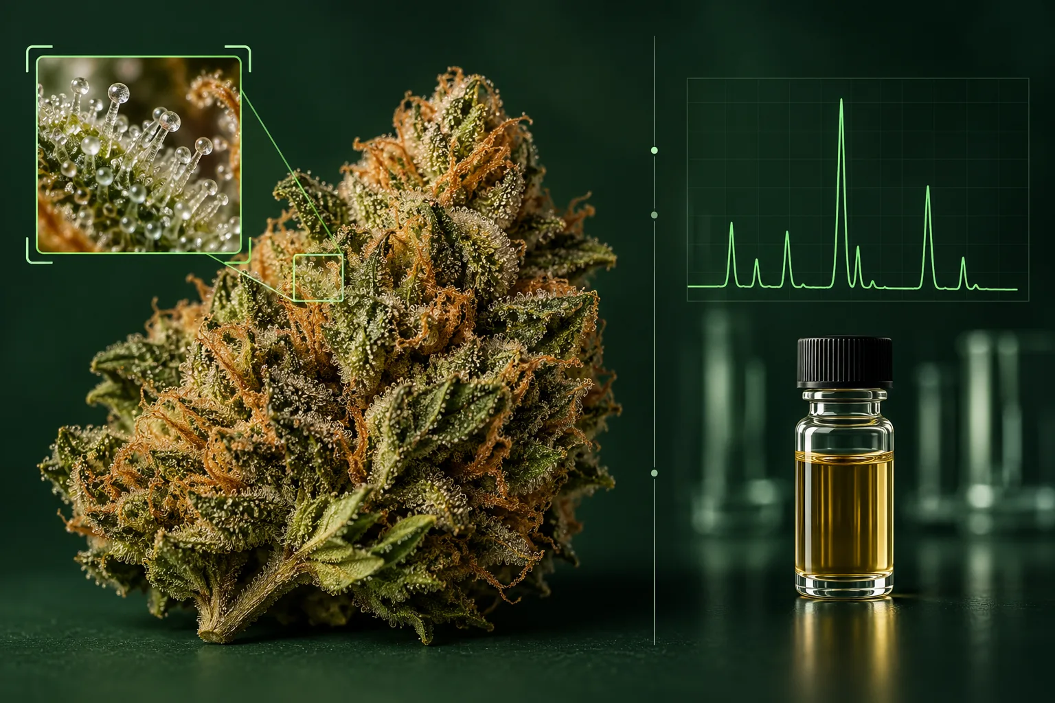 Dry cannabis flower with a trichome magnification frame beside a laboratory chromatogram and sample vial, contrasting visible clues with measured potency