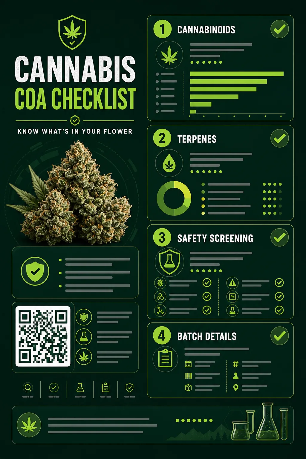 Cannabis COA checklist with sections for cannabinoids, terpenes, safety screening, and batch details