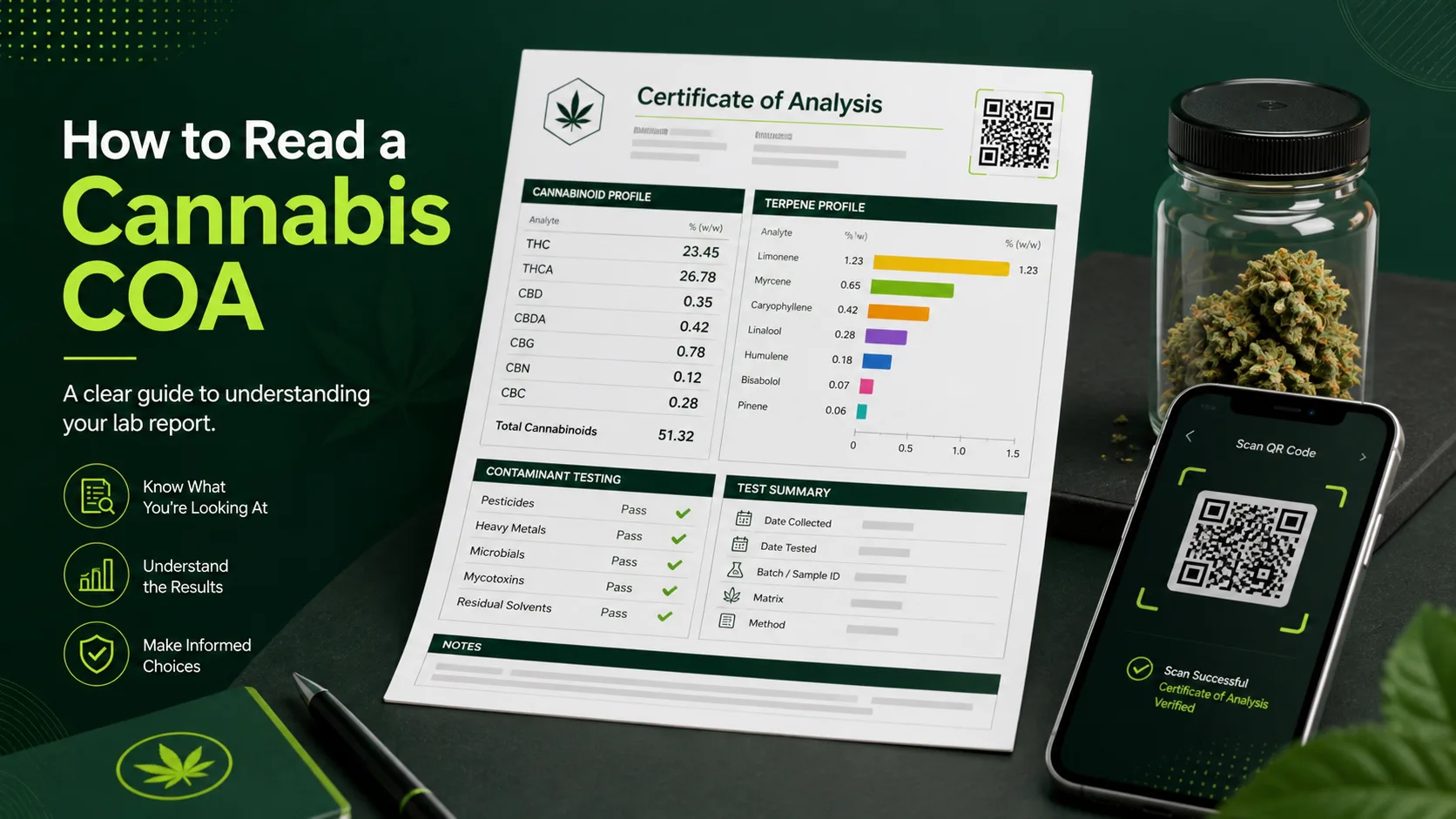 Cannabis Certificate of Analysis report beside a dry flower sample and smartphone scan interface