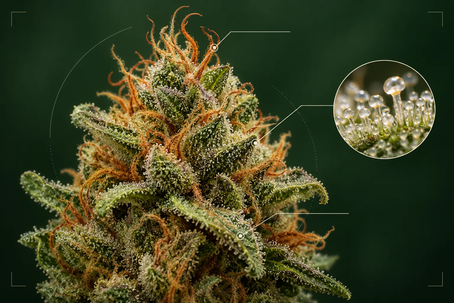 Detailed female cannabis flower showing resinous bracts, orange-brown stigmas, sugar leaves, and a magnified view of glandular trichomes