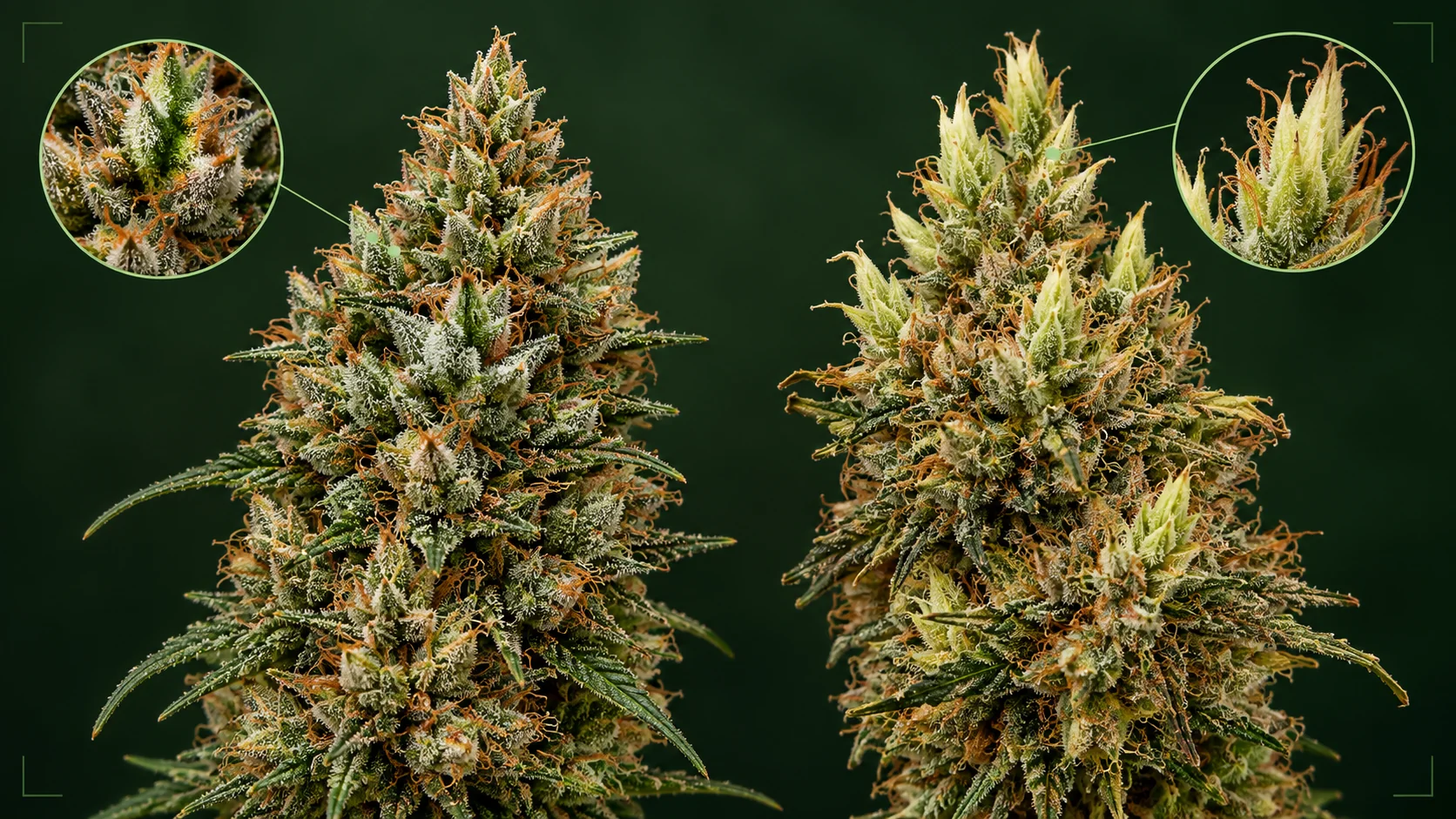 Side-by-side cannabis flowers comparing even genetic foxtailing with pale irregular growth that may accompany heat or light stress