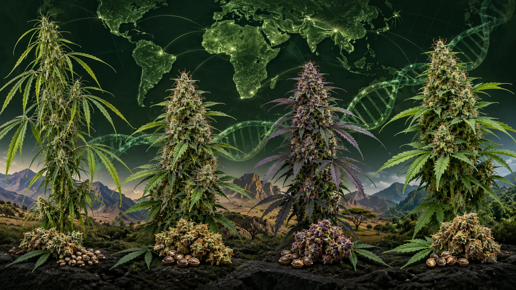 Cannabis plants with varied flower forms shown against a world map and DNA helix to represent landrace genetics and regional adaptation