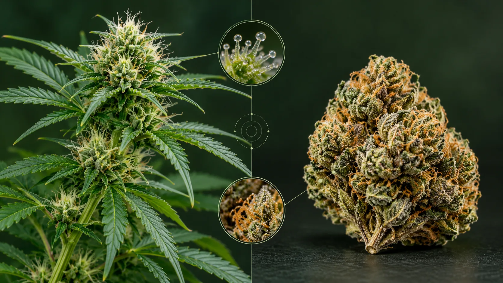 Live flowering cannabis plant compared side by side with a cured dry bud for identification
