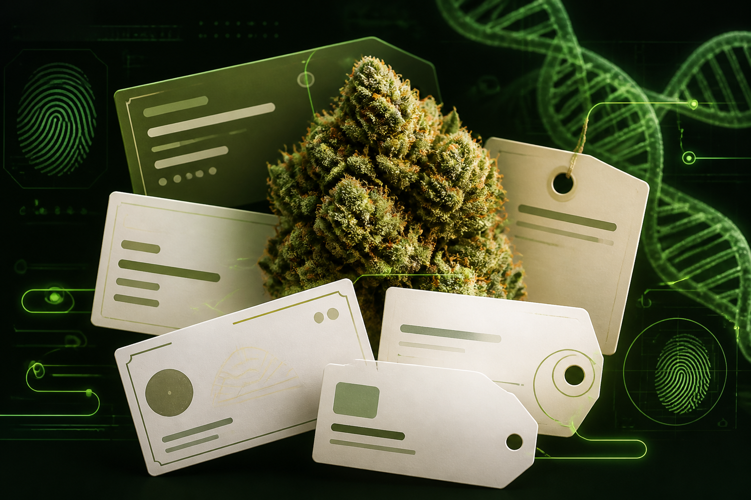 Cannabis flower surrounded by strain label cards, DNA graphics, and scan-style visual cues