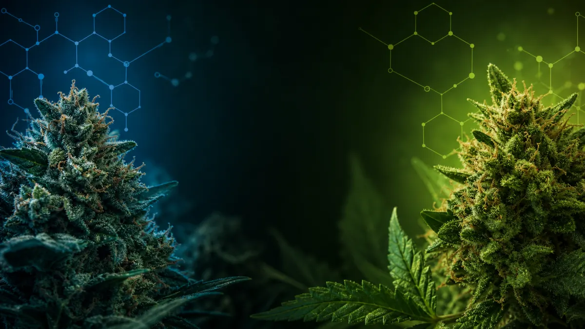 Abstract cannabis education artwork showing two cannabinoid pathways for CBD vs THC