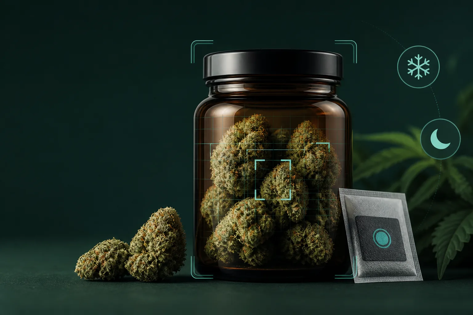 Dry cannabis flower stored in an amber glass jar with humidity and cool dark storage symbols plus subtle scan-style overlays