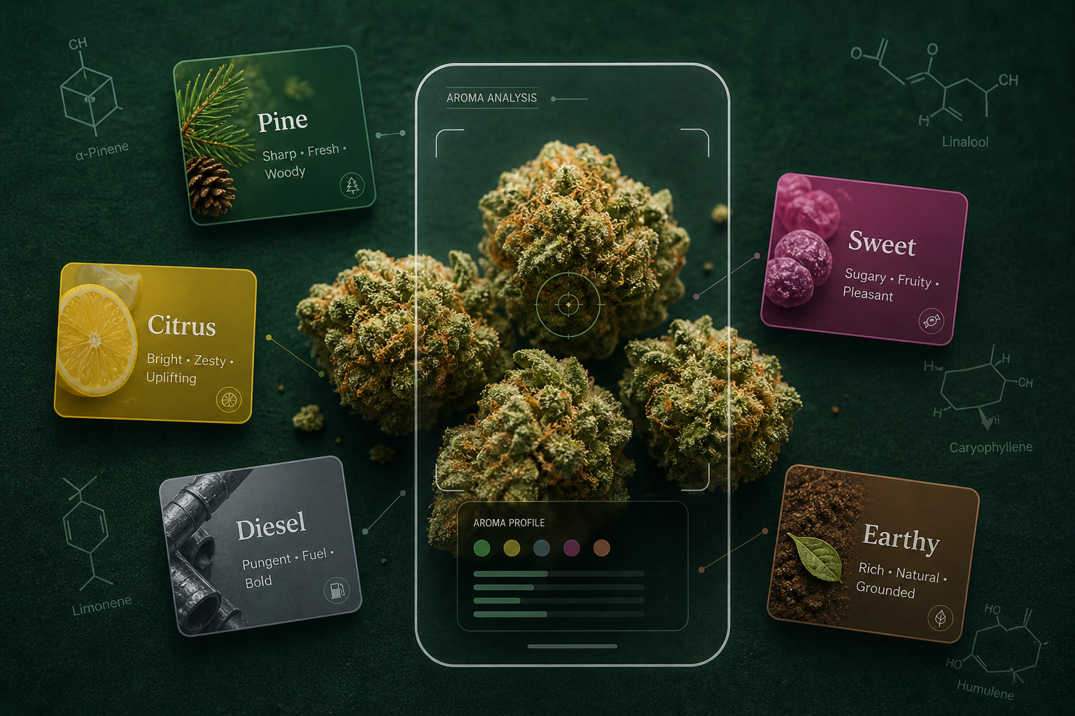 Cannabis flower with aroma clue labels for citrus, pine, fuel, fruit, and skunk plus subtle scan-style overlays