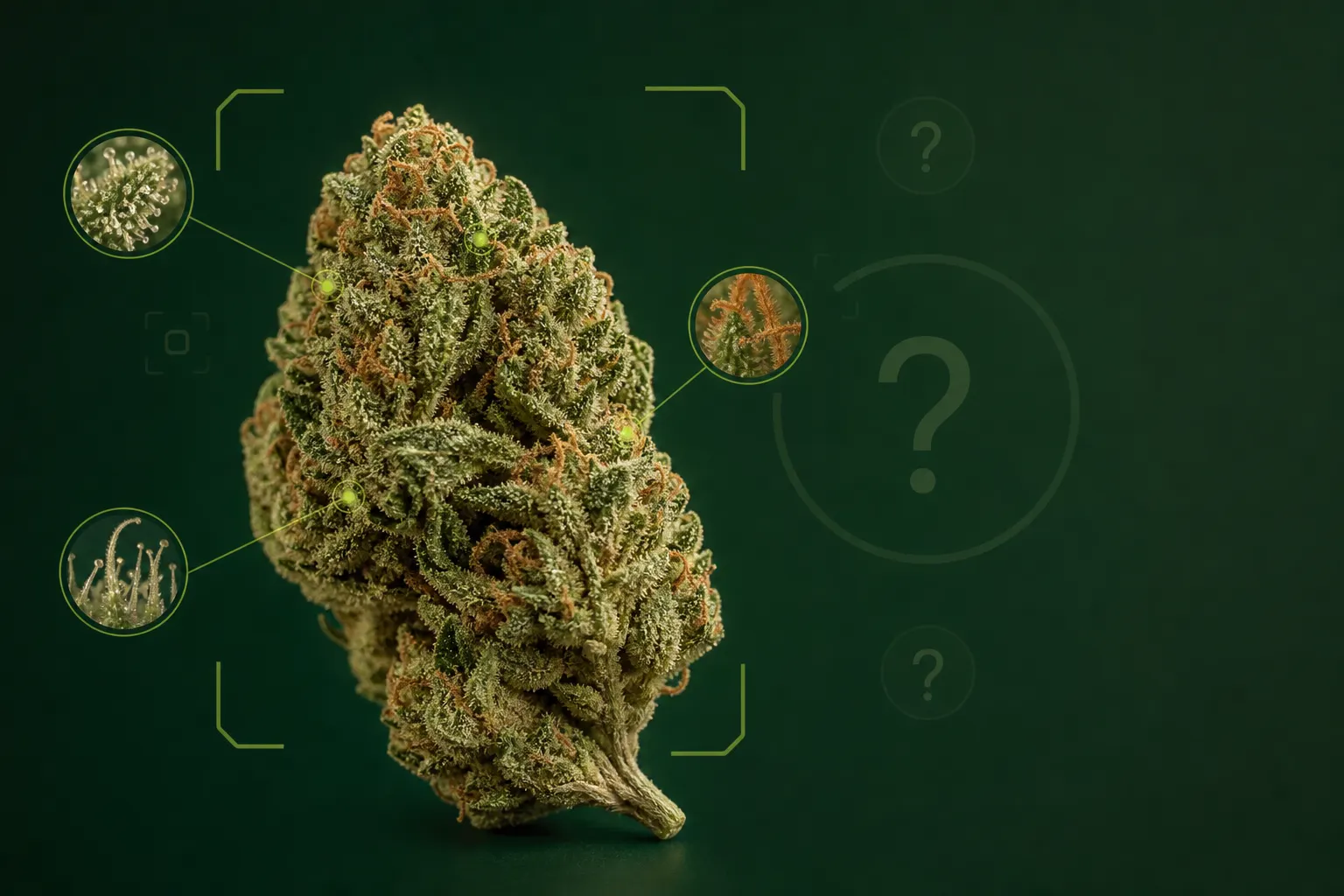 Cannabis flower with a camera focus frame showing visual clues for weed strain identification by picture