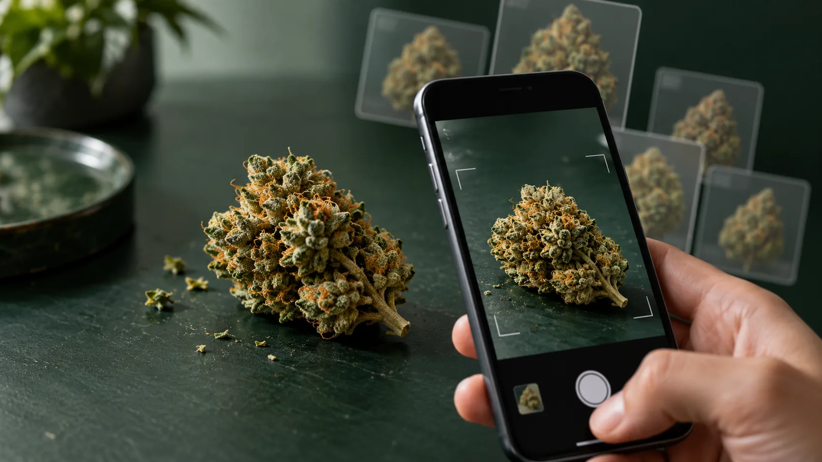 Smartphone camera framing one dry cannabis bud while visual match cards appear in the background