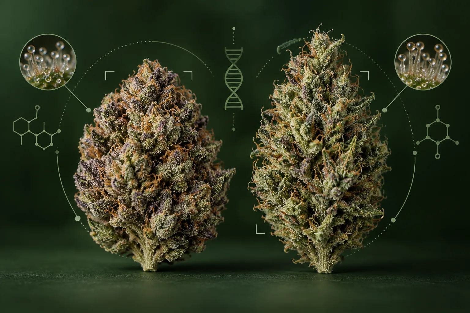 Two dried cannabis flowers with overlapping shapes, trichome close-ups, DNA symbols, and scan-style focus marks showing the limits of indica versus sativa identification by appearance