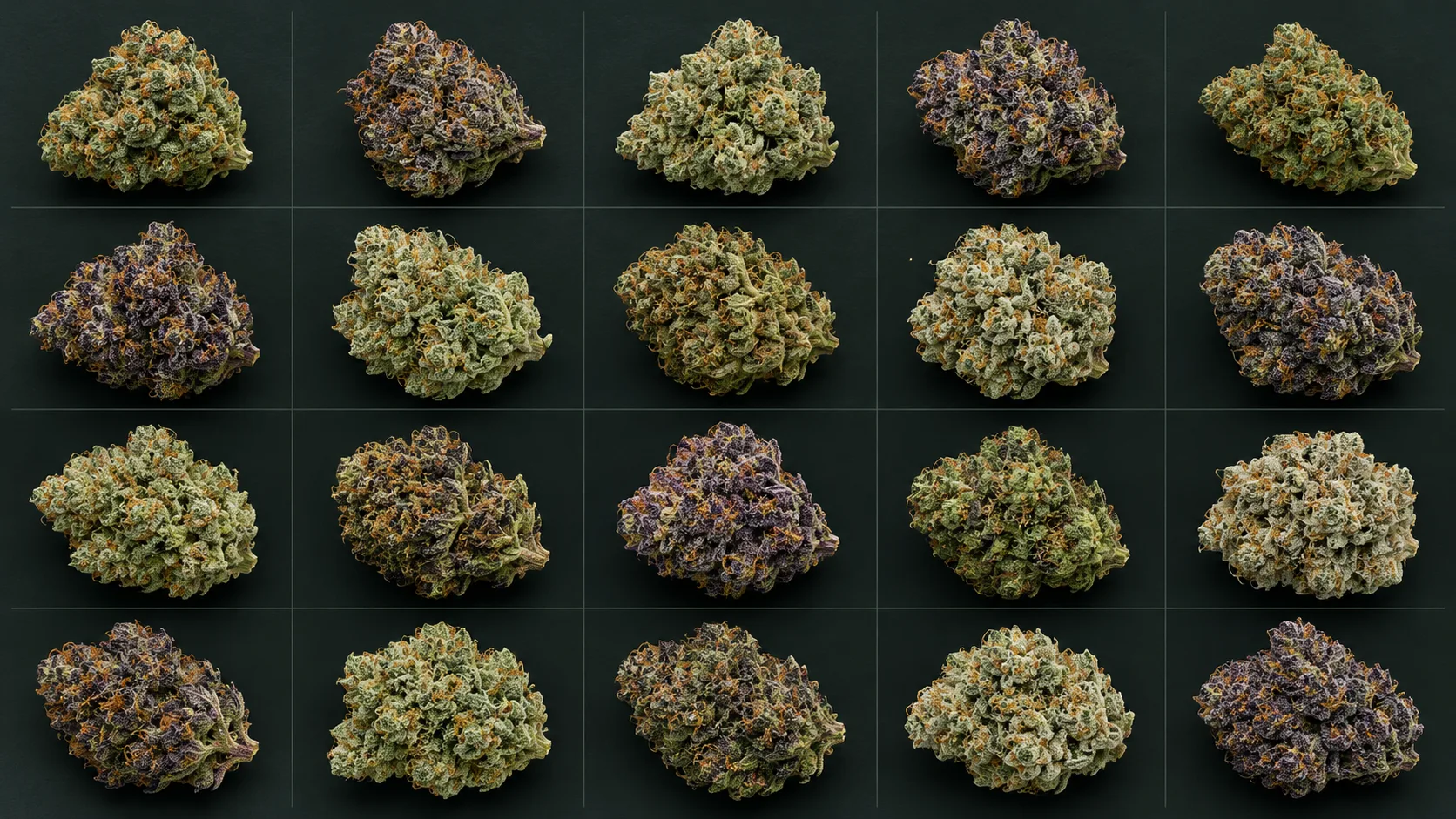 Twenty visually varied dry cannabis flower specimens arranged as a strain identification catalog