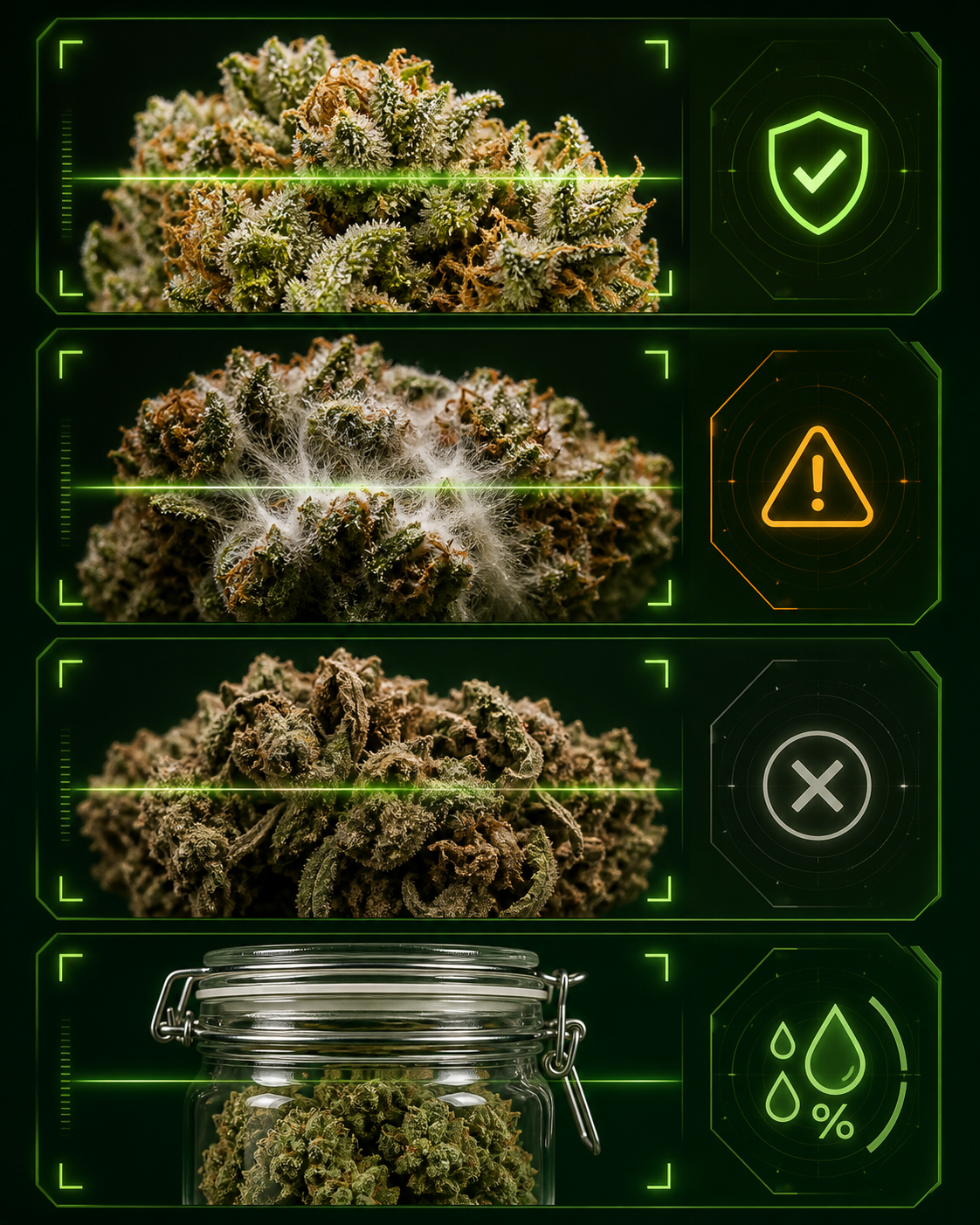 Infographic-style cannabis photo clues showing crystalline trichomes, fuzzy mold warning texture, dull aged flower, and dry storage context