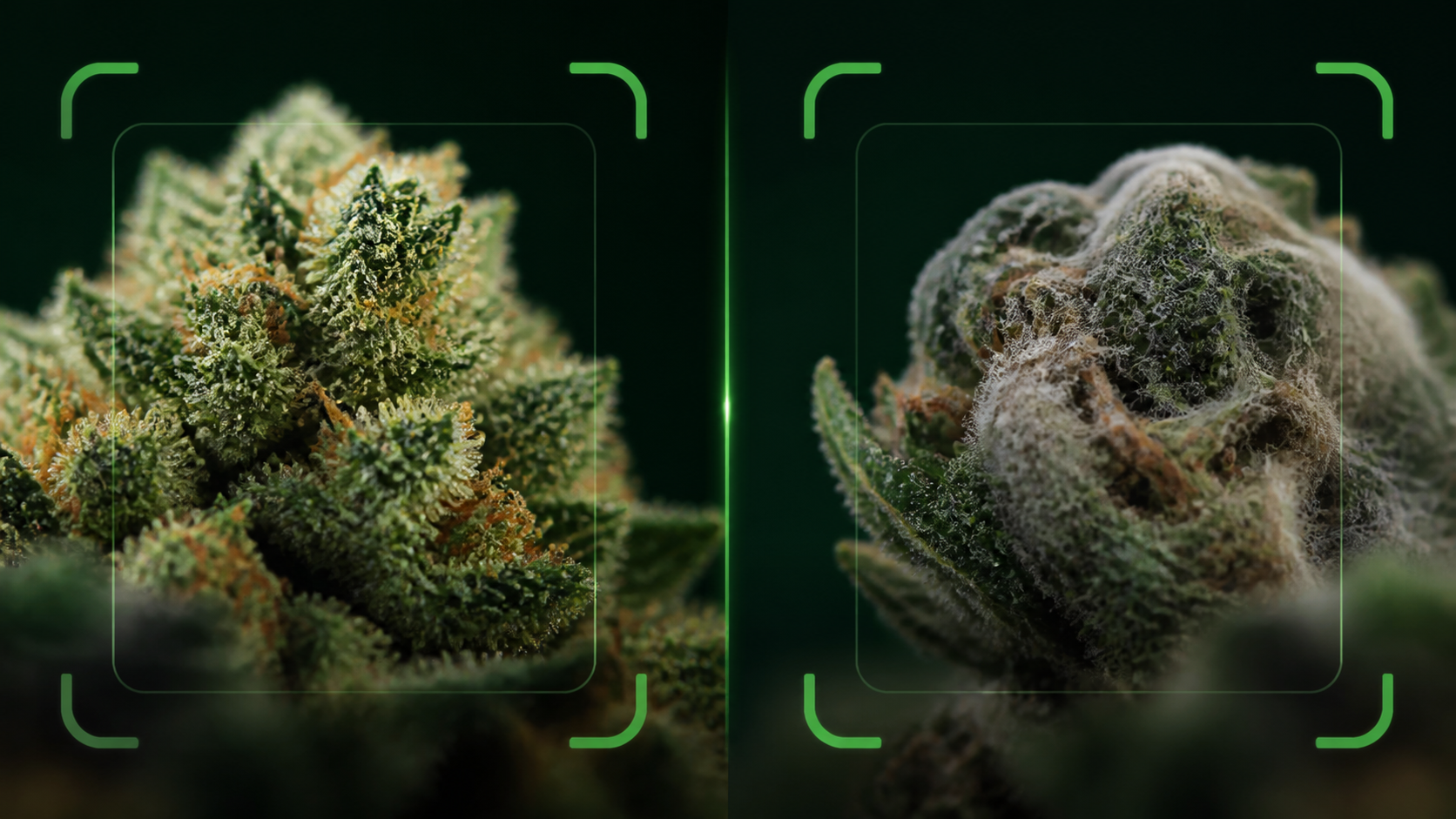 Dry cannabis flower comparison showing crystalline trichome frost beside fuzzy mold warning cues with KushScan-style scan overlays