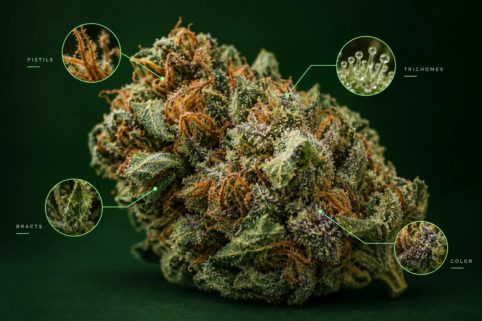 Dry cannabis flower with orange pistils, frosty trichomes, green bracts, and scan-style labels for visual identification clues