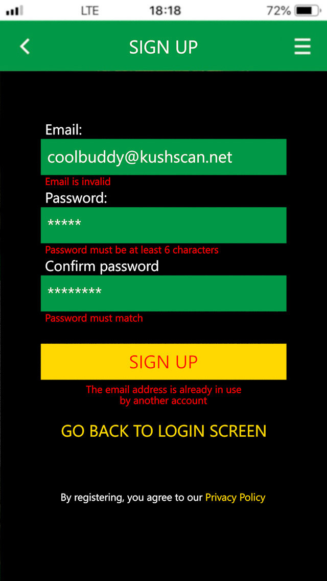 signup screen