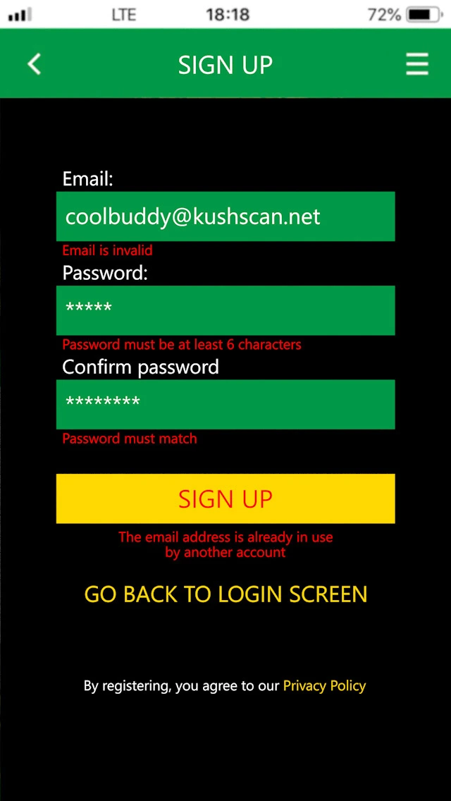 signup screen