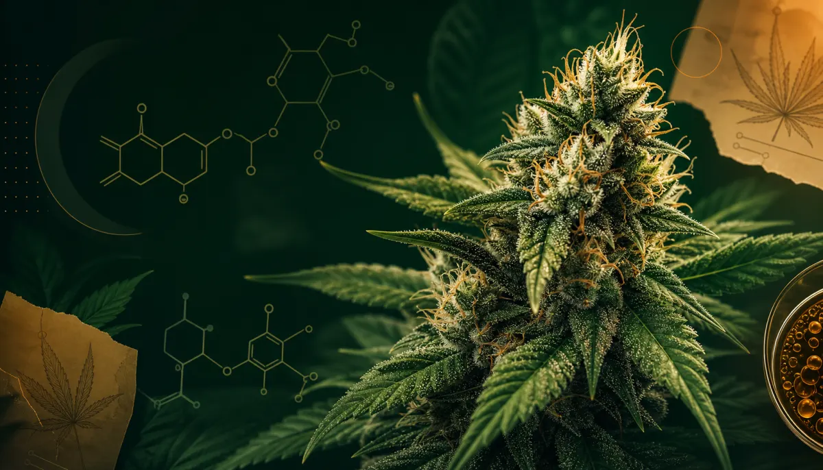 Illustrated cannabis flower with molecular lines for a THCA vs THC education guide