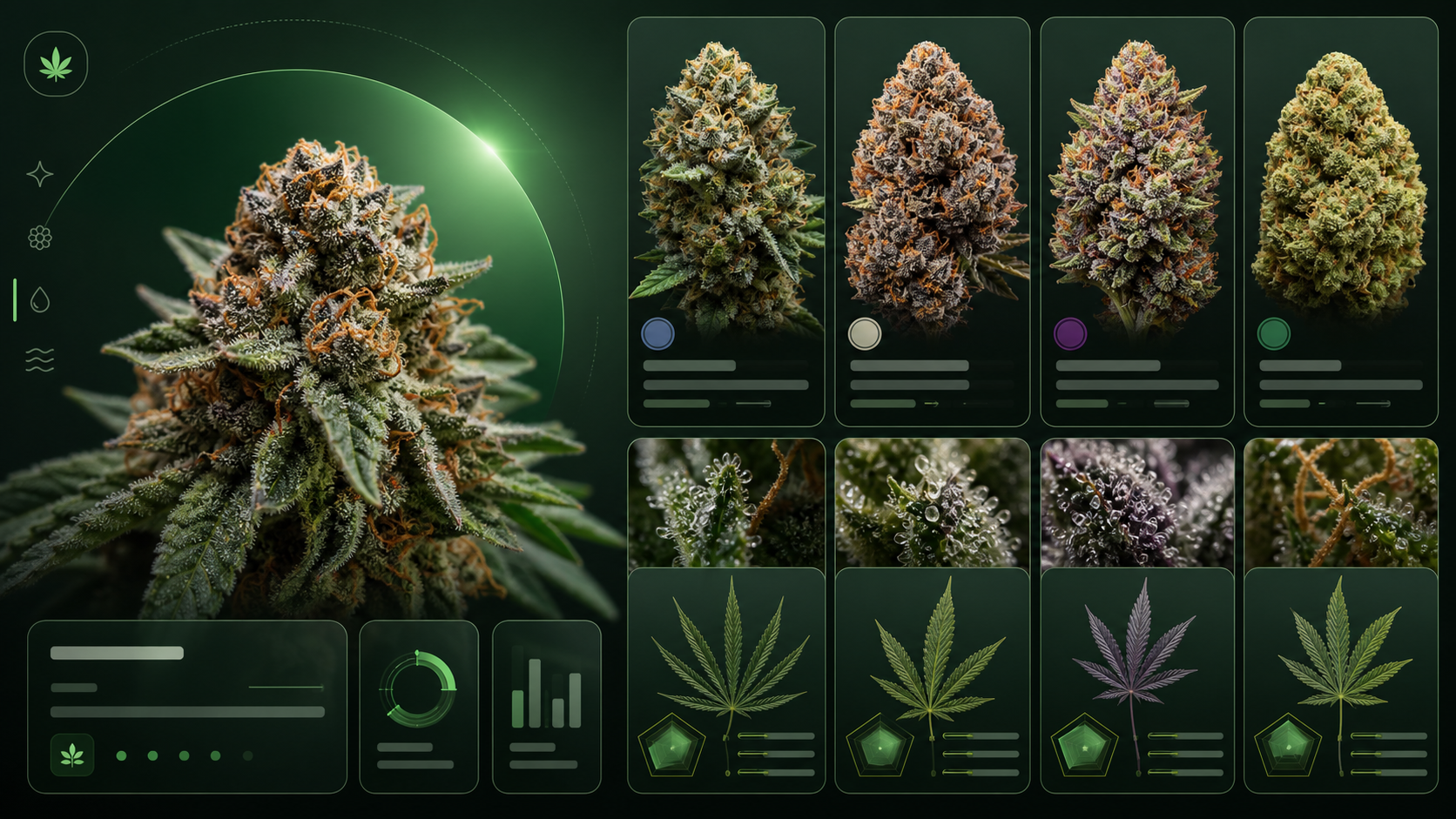 Editorial cannabis education artwork showing popular weed strain cards and dry flower details
