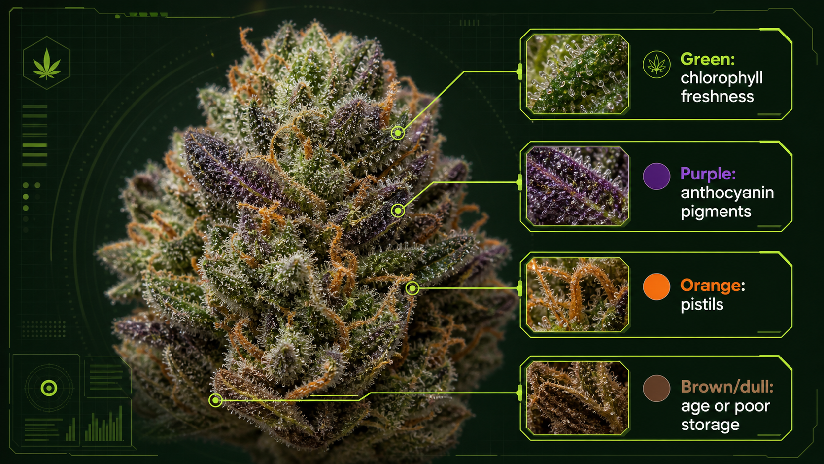 Infographic showing weed color clues for green chlorophyll, purple anthocyanins, orange pistils, and brown age or storage signs