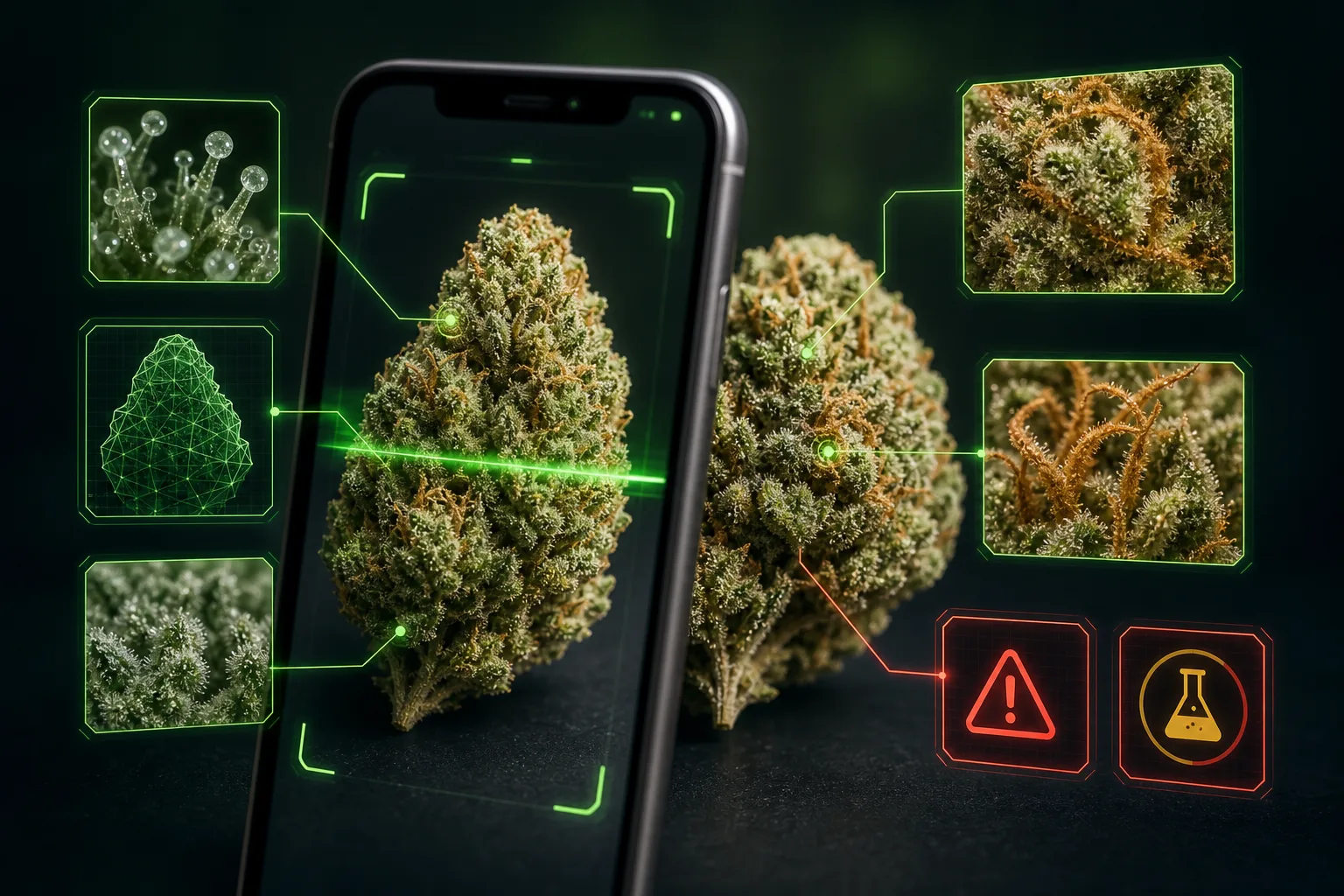 Smartphone weed scanner analyzing dry cannabis flower with visual cue boxes for trichomes, color, pistils, and bud structure