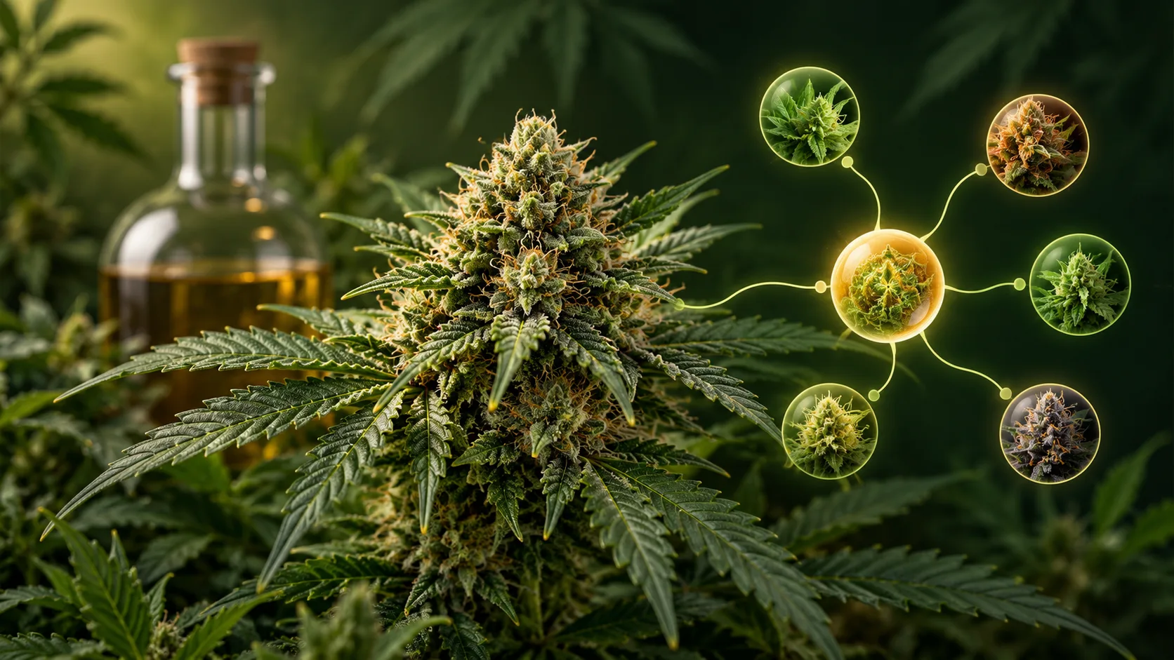 Cannabis flower beside a laboratory vial and branching scientific motif representing CBG and cannabinoid biosynthesis